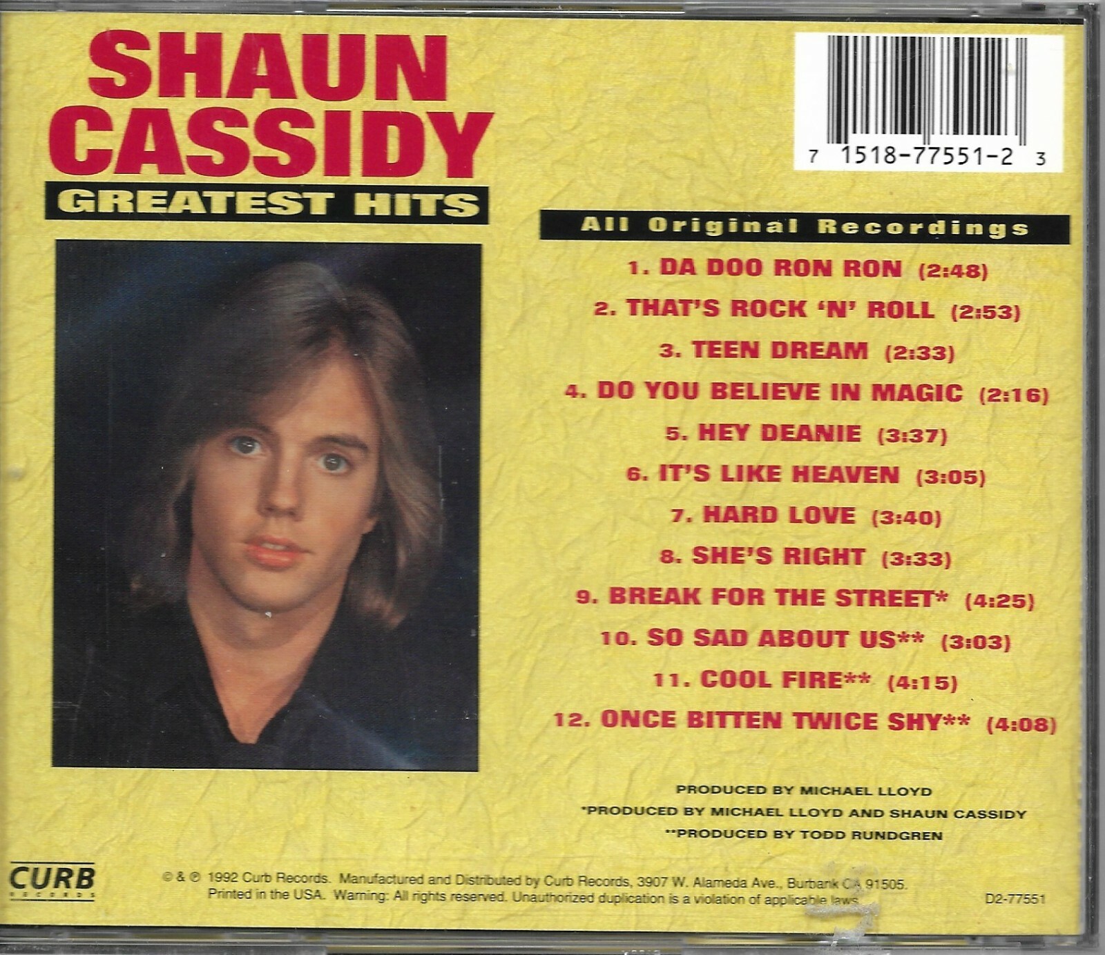 Shaun Cassidy Greatest Hits 1992 Curb USA CD D277551 Original