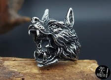 XL Ring Schädel im Wolfskopf Wolf Skull Schmuck Wikinger Biker Mittelalter NEU