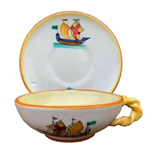 Nika Salerno Italian Pottery Hand Painted Ships Demitasse Cups & Saucers