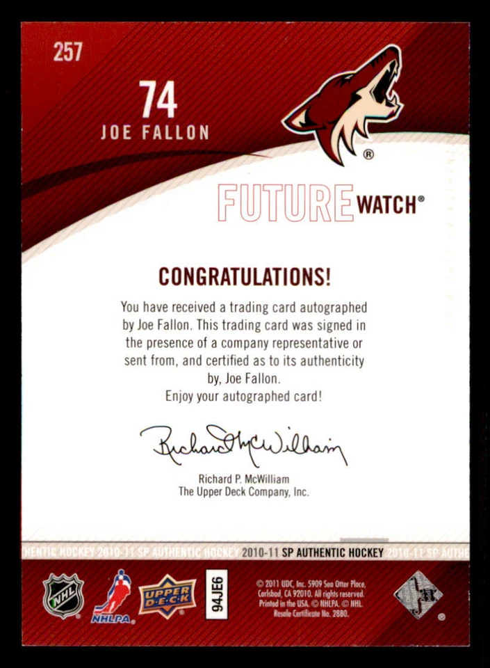 2010-11 SP Authentic #257 Joe Fallon AU RC /999 (ref 239720) - Image 2 of 2