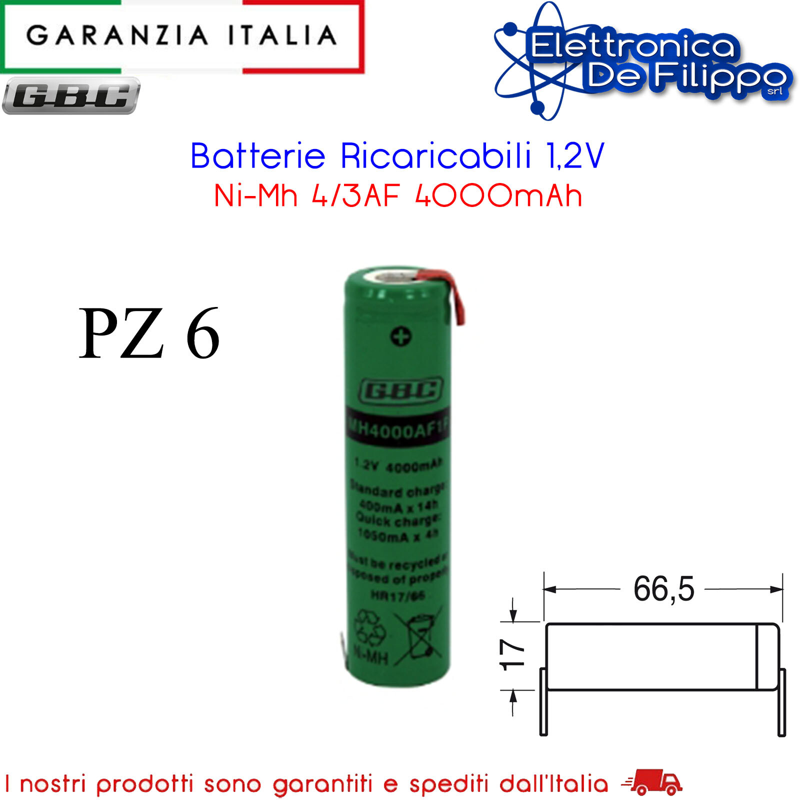 Power Pack 6x Batteria 4/3 A 4000mAh Ni-MH 1.2V Alta Capacità