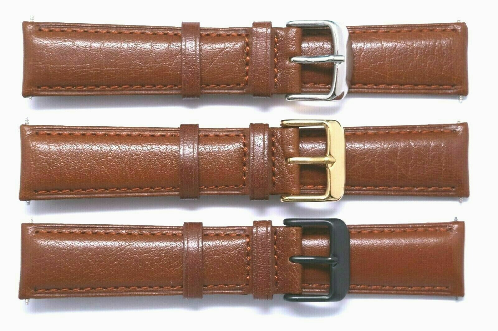 20mm Brown Quality Leather Unisex Watch Band Silver&comma; Gold&comma; Black Tone Buckle