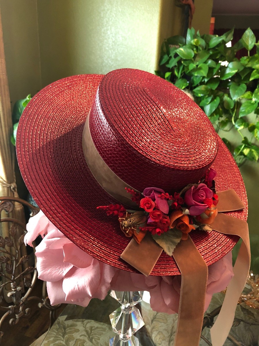 100% Authentic Gucci Red Floral Gold Bug & Butterflies Straw Hat