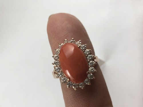 14 K Rose Gold Diamonds Coral Coctail Ring Size 7 - Picture 3 of 12