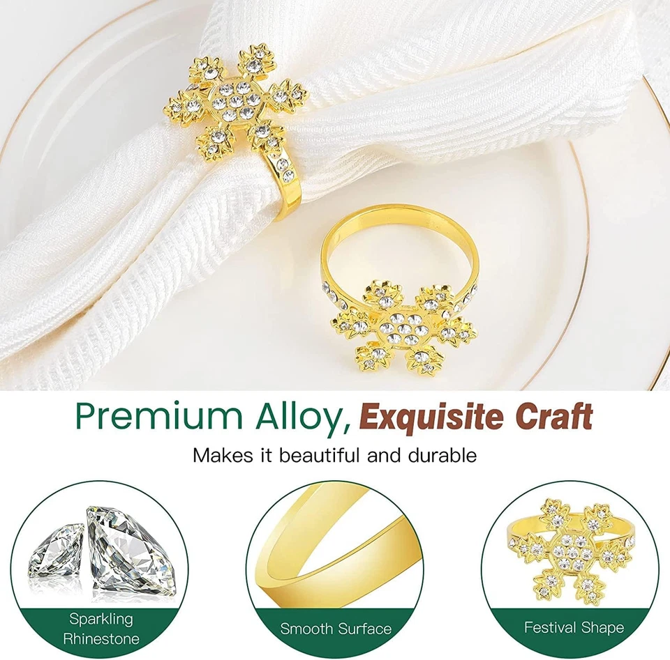 12 Pezzi Portatovaglioli Di Natale, Oro Portatovaglioli Con Fiocchi Di Neve Fibb - Immagine 2 di 4