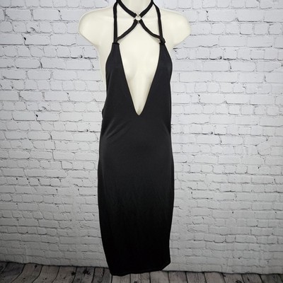 Forplay Black Strappy Tie Back Halter Backless Bodycon Stretch Midi Dress Large