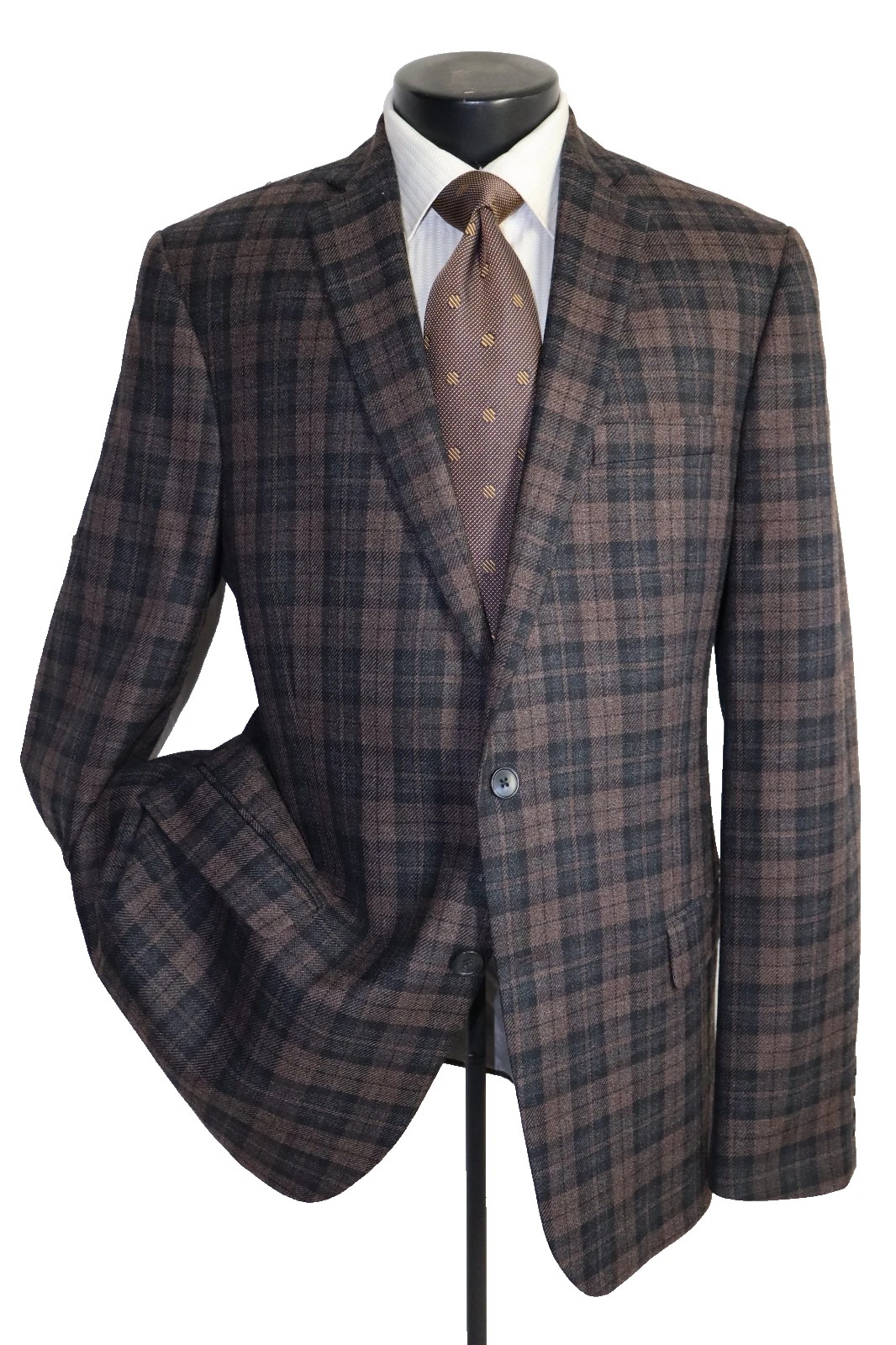 Stafford signature, black & brown plaid 2button flannel wool coat jacket 44L