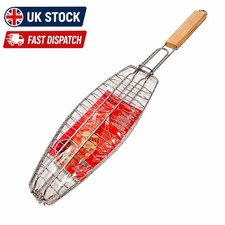 2 x 35cm Fish Grill Basket Rack Large BBQ Meat Folding Stand Long Handle Mesh
