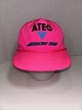 Vintage 80s Atec Racing Neon Hot Pink Snap Back Hat Cap Rope Crinkle Nylon