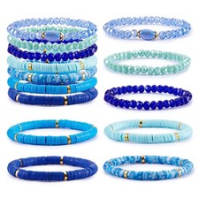 7Pcs Handmade Polymer Clay Heishi Surfer Stretch Bracelets Set Colorful Glass Be