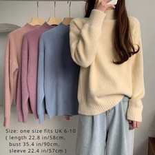 Women Fluffy Faux Mohair Sweater Jumper High Neck Thick Pullover Tops Winter