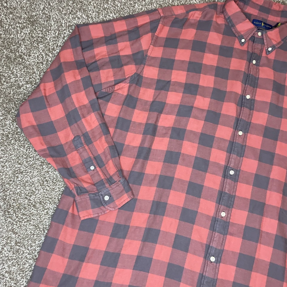 Camisa polo masculina flanela Ralph Lauren GRANDE vermelha xadrez índigo RL ajuste desdobrado 4XLT - Imagem 2 de 4