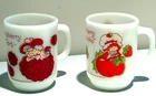 Vintage Raspberry Tart and Strawberry Shortcake Set Milk Glass Mugs 1980