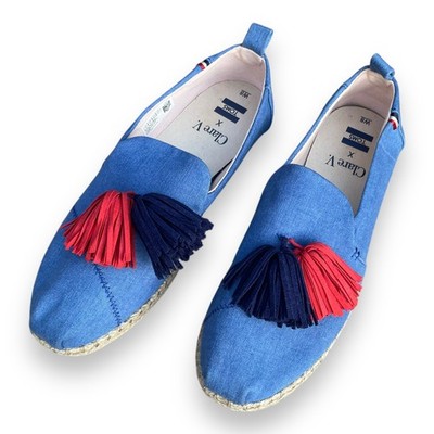 Clare V. x TOMS Women's 8 Blue Chambray Espadrille Tassel Slip On Shoes Flat