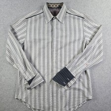 Robert Graham Mens Shirt M Gray Striped Flip Cuff Contrast Trim Cotton
