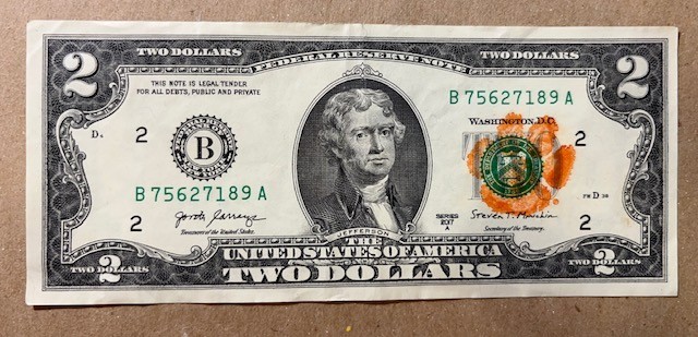 2017 $2.00 Two Dollar Bill with Clemson Fans Tiger Paw Print Stamped Crisp