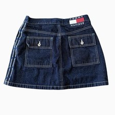 Vintage 90s Tommy Hilfiger Denim Jean Skirt Flag Logo Spellout Tape Size 9 USA