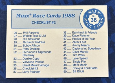 Vintage 1988 MAXX 2nd Print Checklist Card #36 with #43 Daytona no Richard Petty