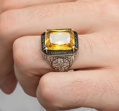 Simulated Orange Citrine Ring Turkish Handmade 925 Sterling Silver Men's Ring 02
