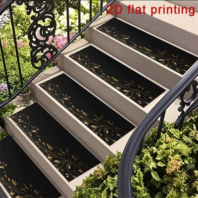 Black and Golden Flowing Pattern 2D Flat-printed Stair Treads, Non-slip Step M