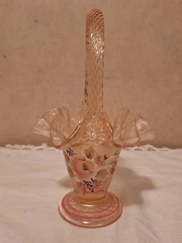Fenton Handpainted Sunset Pink Irridecent Floral Stretch Glass Ruffled Basket
