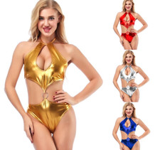 Metallic Rave Bodysuit O-Ring PU Leather Swimsuit Comp Disco Festival One Piece