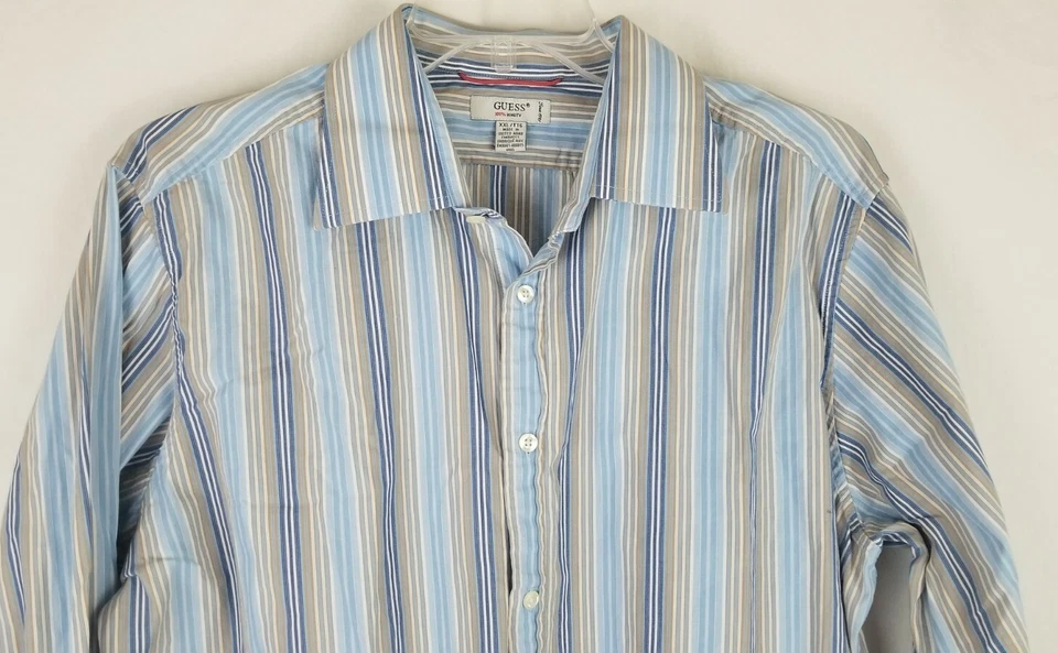 Guess 男式衬衫蓝色条纹 XXL 全棉连衣裙长袖法式袖口 — 第 2/4 张图片