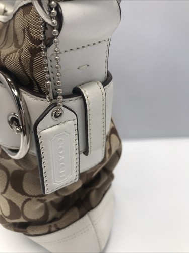 AUTHENTIC COACH Brown & Tan White Leather Women’s Crossbody Bag Signature Purse - Picture 13 of 18