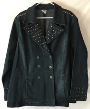 Diane Gilman Women's Size 1X DG2 Blue Denim Studded Double Breasted Jacket VGC