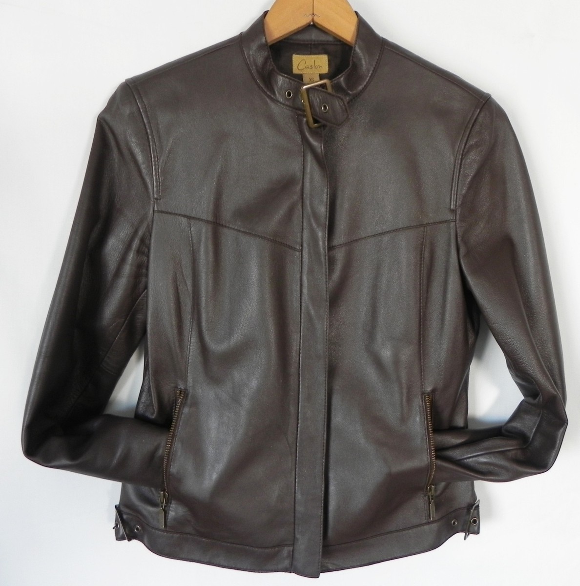 san　ブルゾン Caslon Lambskin Leather Biker Jacket Full Zip Slim Cut Brown