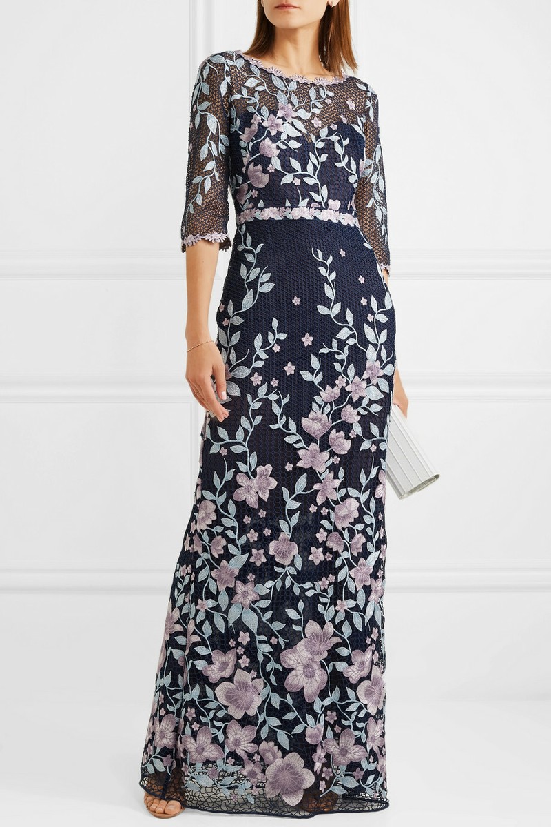 $1095 New Marchesa Notte Embroidered Guipure Lace Gown Navy Lilac Dress 0 |  eBay