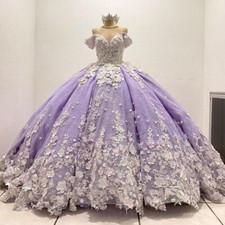 Lavender Quinceanera Dresses Ball Gowns 3D Flowers Applique Lace Sweet Princess