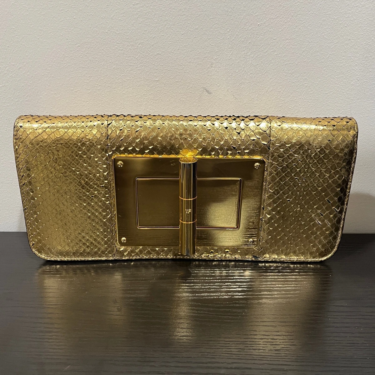 $3950 TOM FORD Natalia Gold Metallic Python Snakeskin Clutch w/Alcantara  Lining