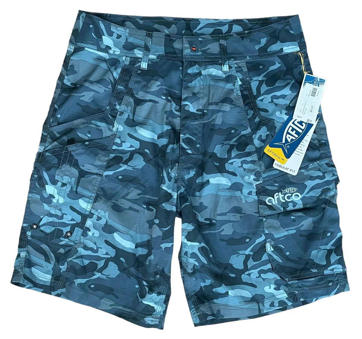 Aftco Aftech UPF Bluewater Fishing Shorts Lightweight Blue Camo Mens sz 32  NWT