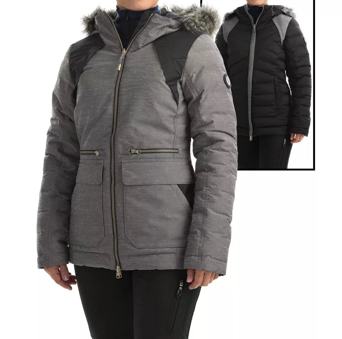 Lole Shine Meteor REVERSIBLE Black/Gray PrimaLoft Insulated Hood Winter Jacket S