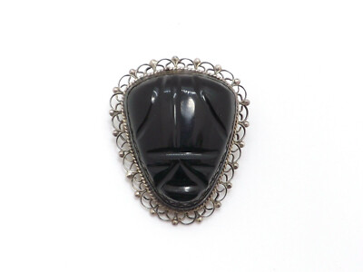 Vintage Mexico Sterling Silver Black Onyx Carved Mask Brooch, ACE, 16.0g