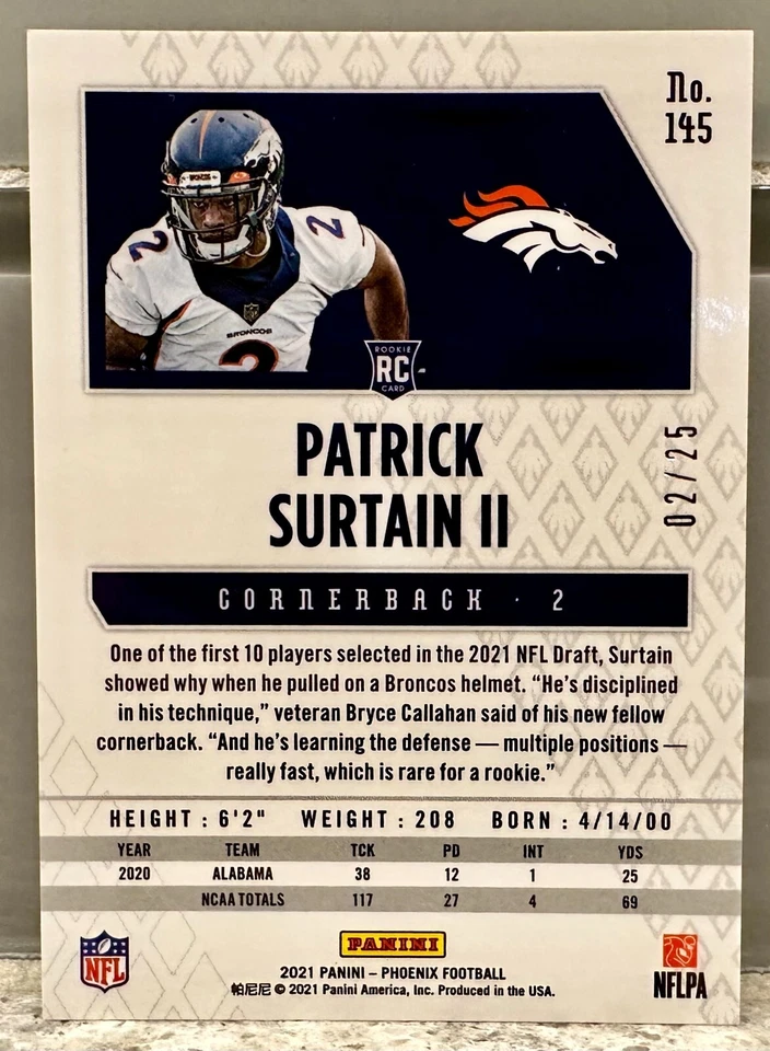 JERSEY # MATCH! 2021 Phoenix Rookie Green Patrick Surtain 2/25! BRONCOS (1/1)! - Image 2 of 3