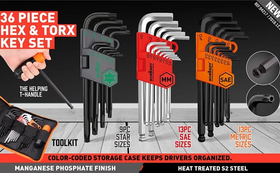 Juego de llaves Allen hexagonales con extremo de bola de brazo largo de 36 piezas estrella métrica en pulgadas con bolsa de regalo Foto 2 de 4