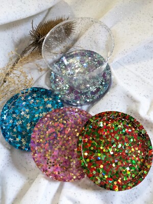 Christmas Glitter Coasters, Set of 4, 3inch round, edge elevated, multi colored