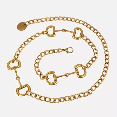 Gold Horsebit Metal Chain Belt with Lock Pendant and Waist Chain Adjustable