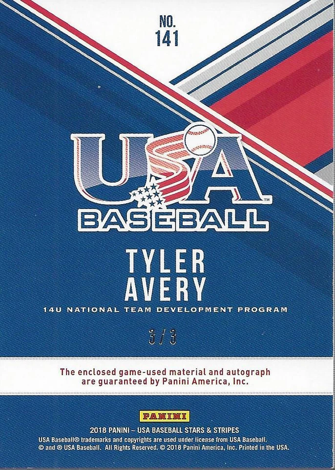 2018 USA Stars Stripes Silhouettes #141 Tyler Avery Auto Jersey Patch /3 - NM-MT - Image 2 of 2