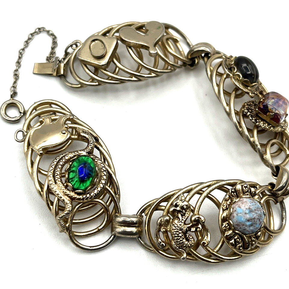 Vintage Peacock Eye Glass & Hubble Glass & Banded Agate Link Bracelet 7