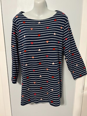 NWT Croft & Barrow Navy Stripe 3/4 Sle Top with Small Heart Design  Plus Size 1X