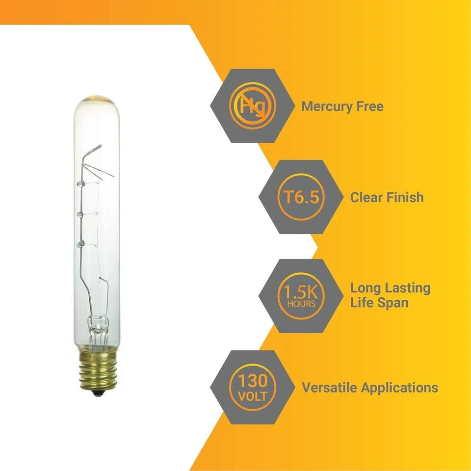 6Pack Tubular Light Bulbs, Clear T6.5, 40W, 2600K, 290LM, E17, 120V - Image 2 of 4