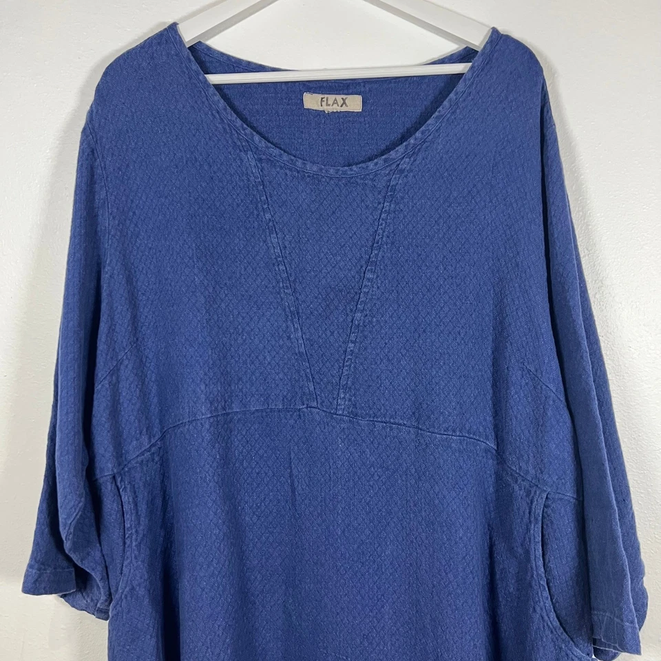 FLAX Women's Linen Midi Dress Size 2G 2XL Navy Blue V-Neck 3/4 Sleeve Lagenlook - Image 2 of 4