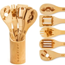 Friends Wooden Spoons for Cooking, 6 Piece Kitchen Utensils Set with Holder, ...