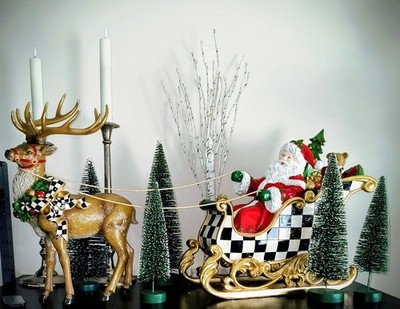 Mackenzie Childs  Night Before Christmas  Figurine Santa Sleigh & Reindeer