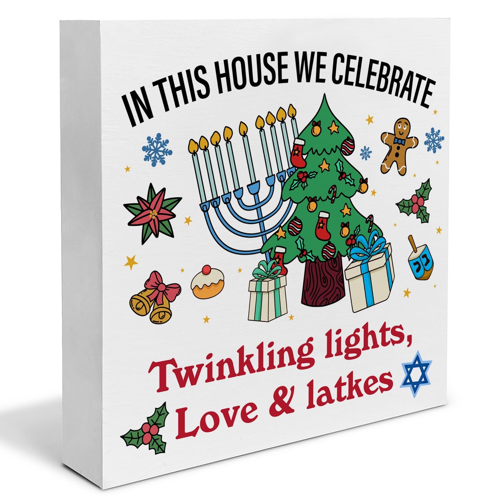 Best Hanukkah Christmas Wood Box Sign Decor Chrismukkah Jewish Block Home Table