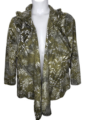 Susan Graver Weekend L Cardigan Green Geometric Hooded Open Cascade Front Fleece
