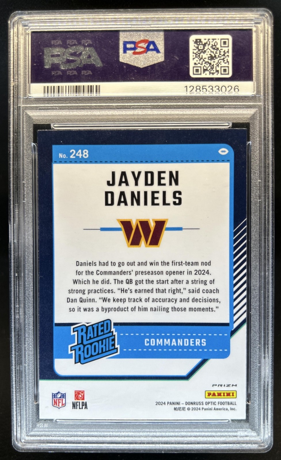 2024 Panini Donruss Optic Jayden Daniels Blue Hyper Rated Rookie #248 PSA 10 view 2